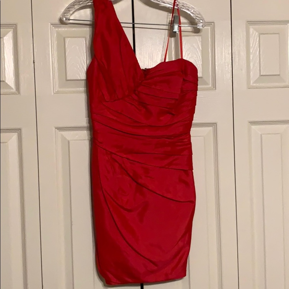 Red one shoulder cocktail dress